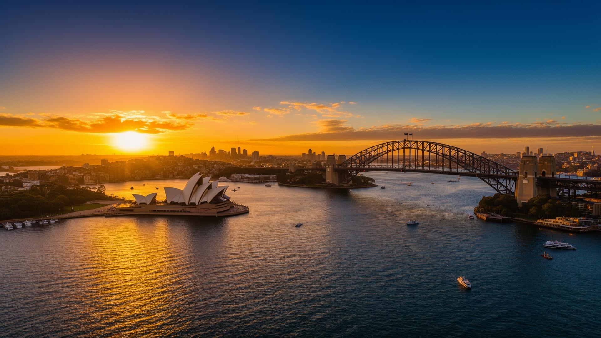 Sydney Harbour at golden hour with the Opera House and Harbour Bridge