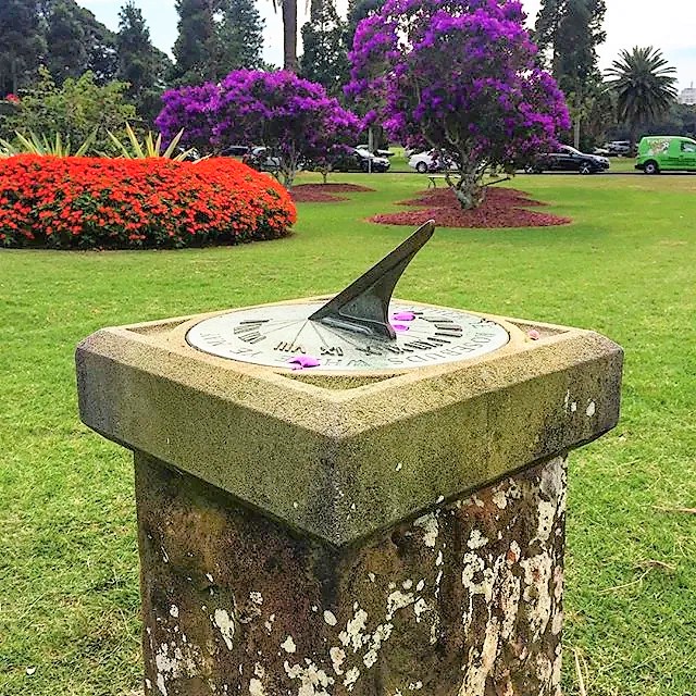 Sundial a vase of flowers sitting on top of a grass covered field