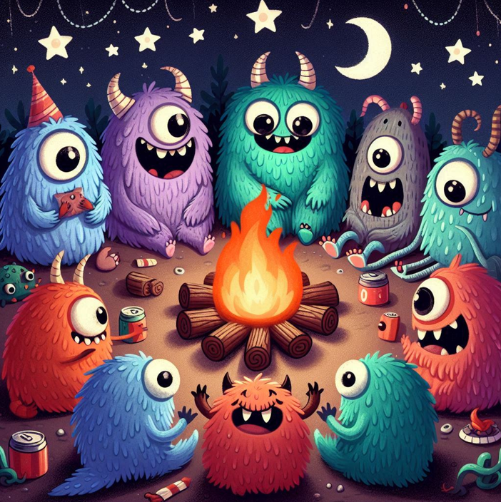 Fuzzy monsters around a campfire 2 a close up of a doll