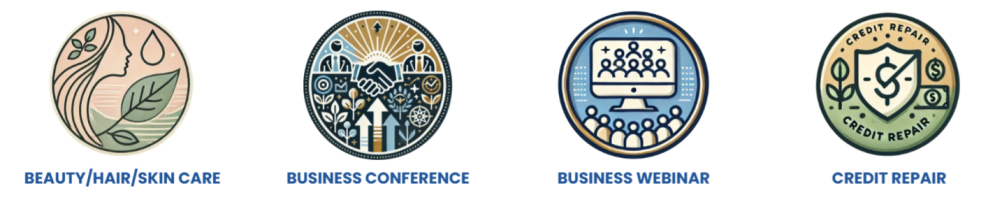 Four circular icons: Beauty, Business Conference, Webinar, and Credit Repair with corresponding labels.