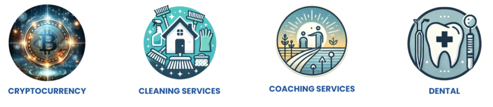 Four icons: cryptocurrency, cleaning services, coaching services, dental.