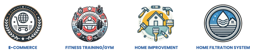 Four circular icons labeled: E-commerce, Fitness Training/Gym, Home Improvement, Home Filtration System.