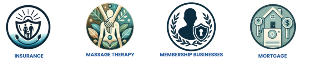 Four circular icons: insurance shield, massage therapy hands, membership silhouette, mortgage house.