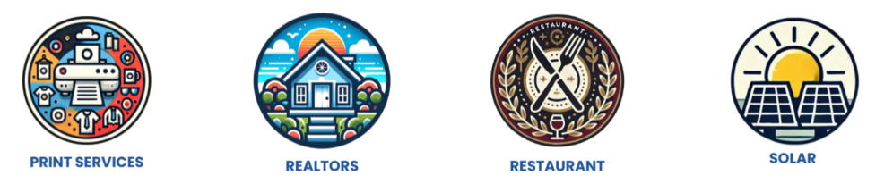 Four circular icons: Print Services, Realtors, Restaurant, Solar, each with relevant symbols inside.