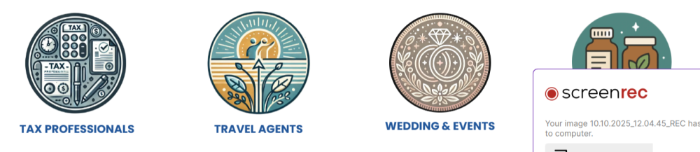 Four circular icons: tax, travel, wedding, medicine. Screenrec watermark in bottom right.